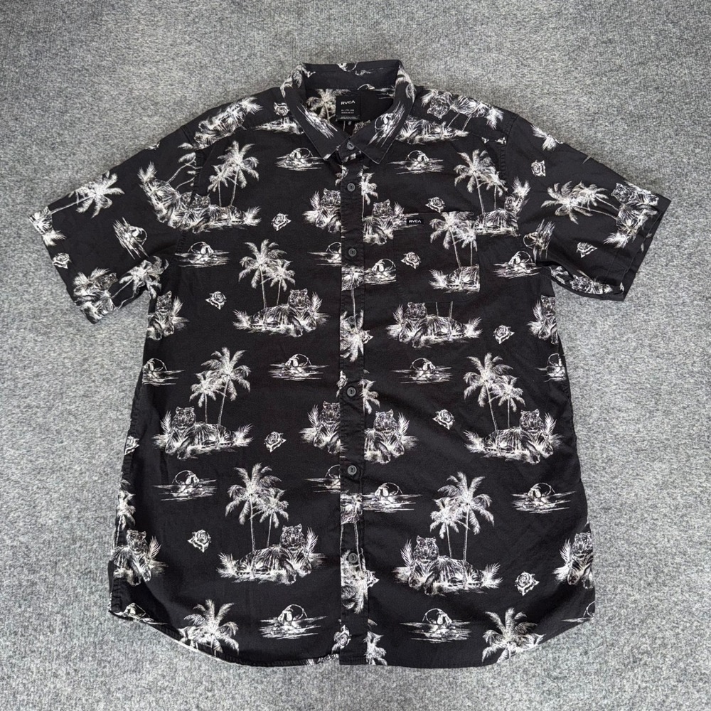 RVCA Mens XL Tiger Palm Tree Skull Print Button Up Shirt Black White Regular Fit